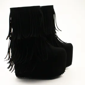 Black Fringe Wedge Platform Boots