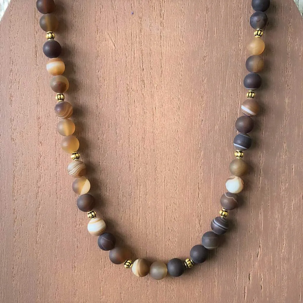 Brown Matte Agate and Gold Beaded Mens Necklace