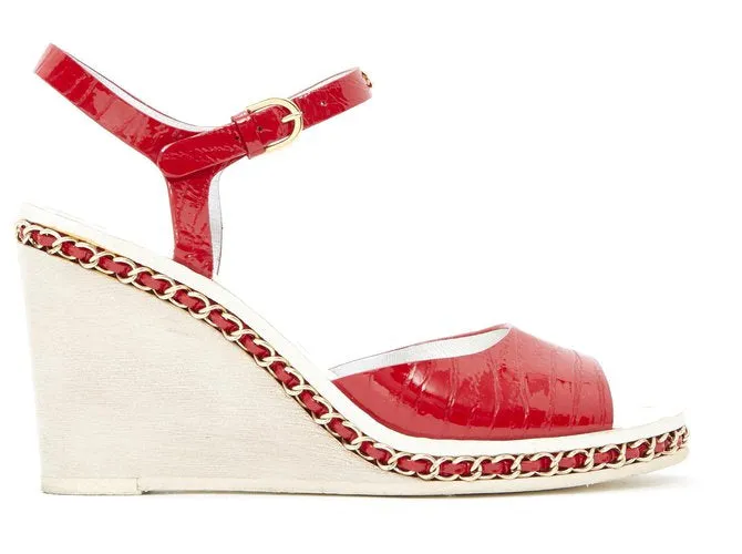 Chanel 14P 2014 Spring Patent Leather Red Chain Wedge Heel Sandals EU 38.5 US 7.5