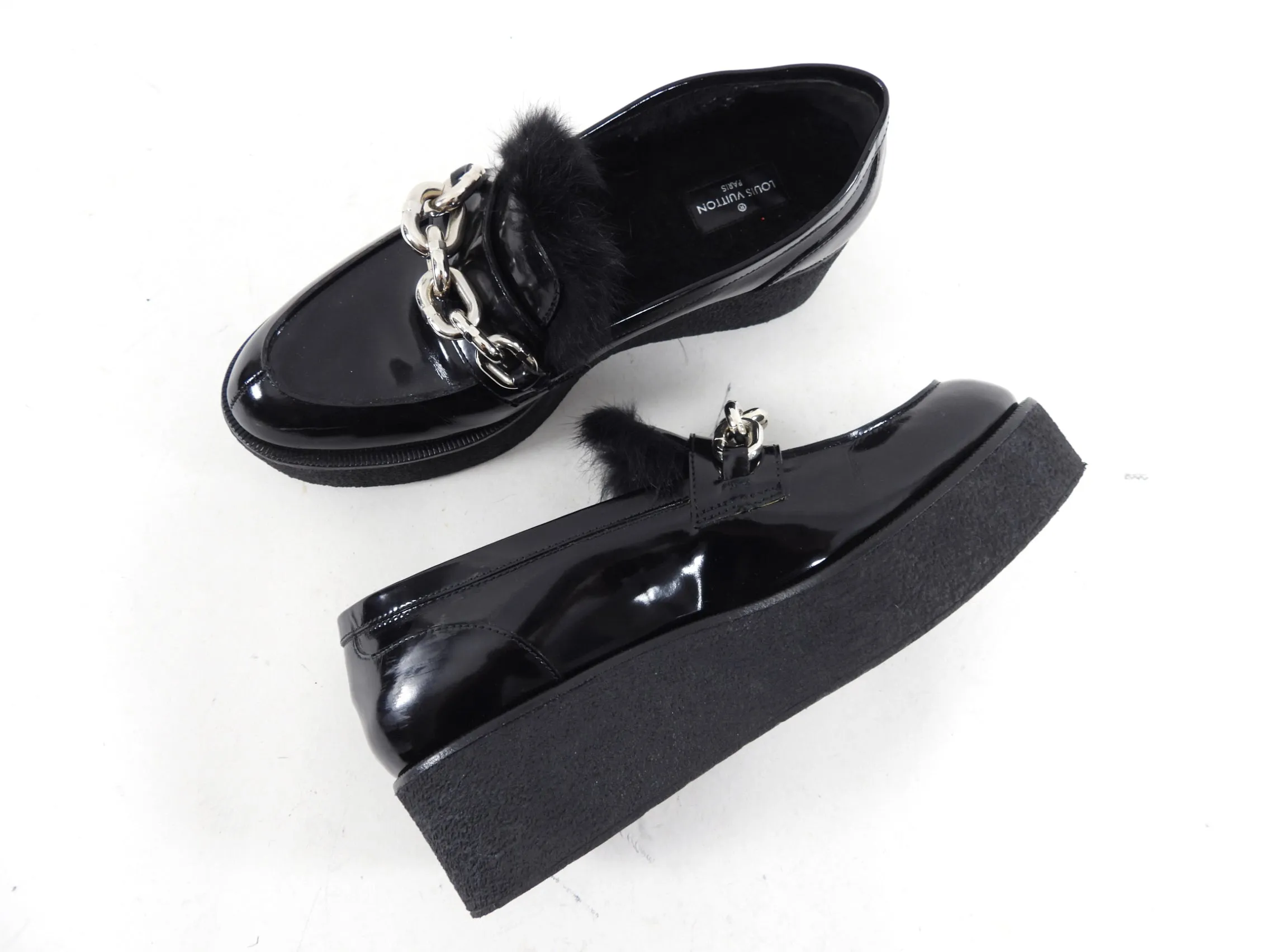 Louis Vuitton Black Polished Leather Chain Fur Platform Loafer - FR38 / 7.5