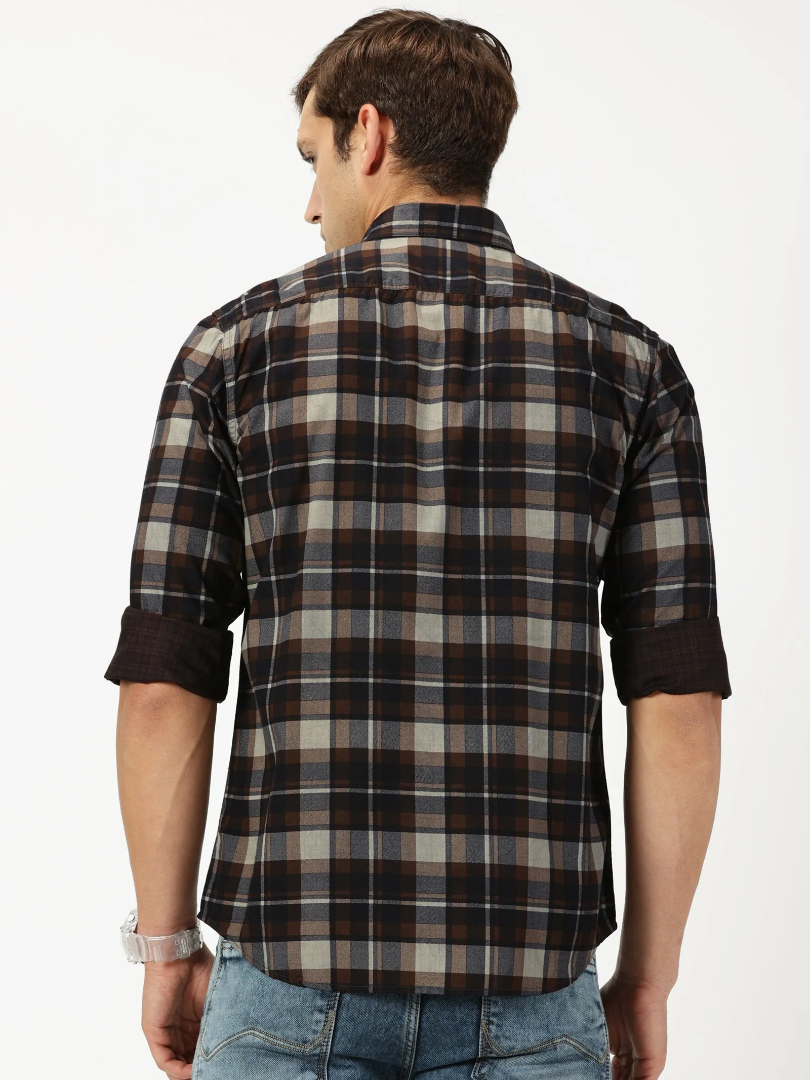 MEN'S DK BROWN CHECKS SLIM FIT SHIRT