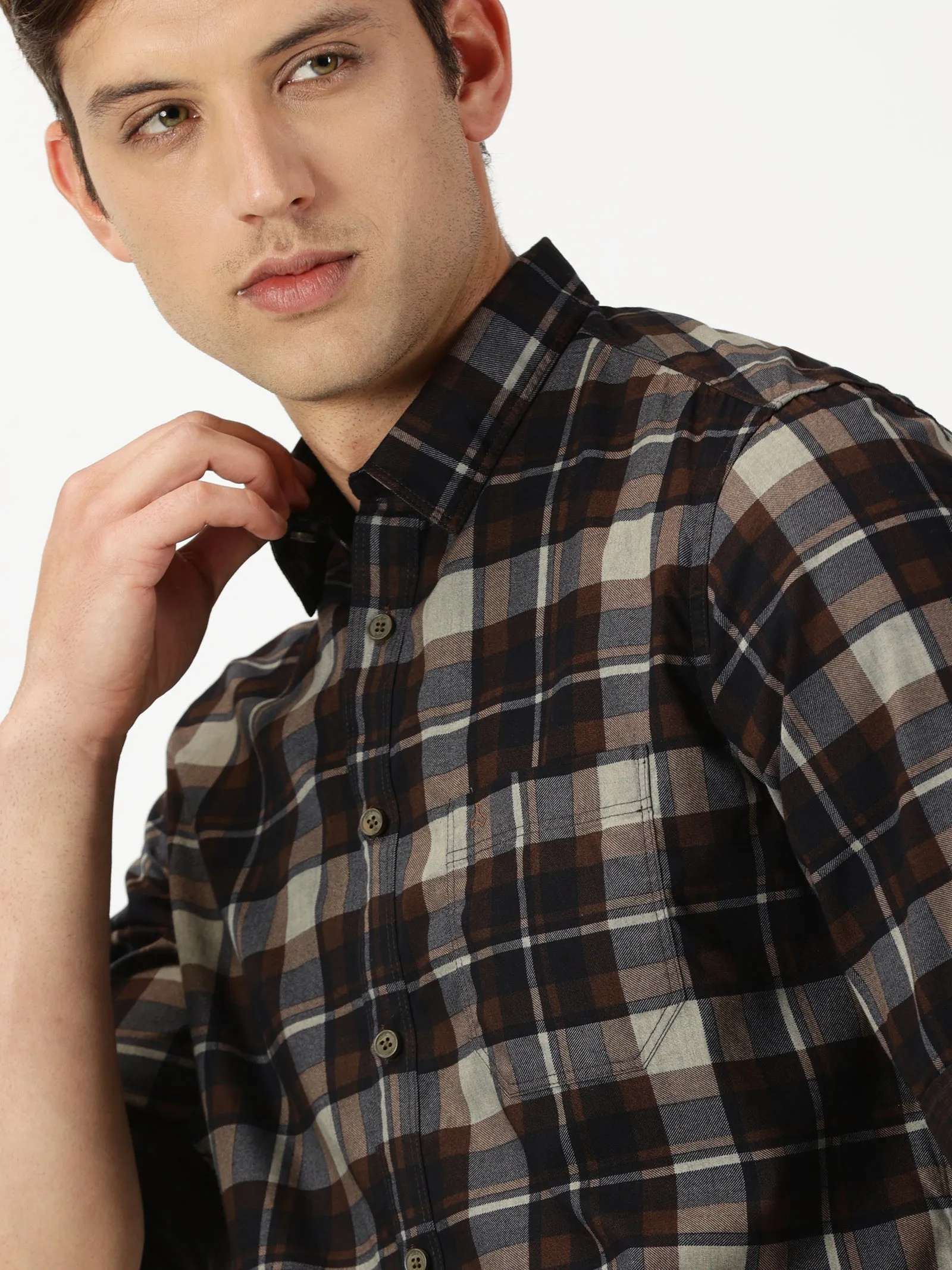 MEN'S DK BROWN CHECKS SLIM FIT SHIRT