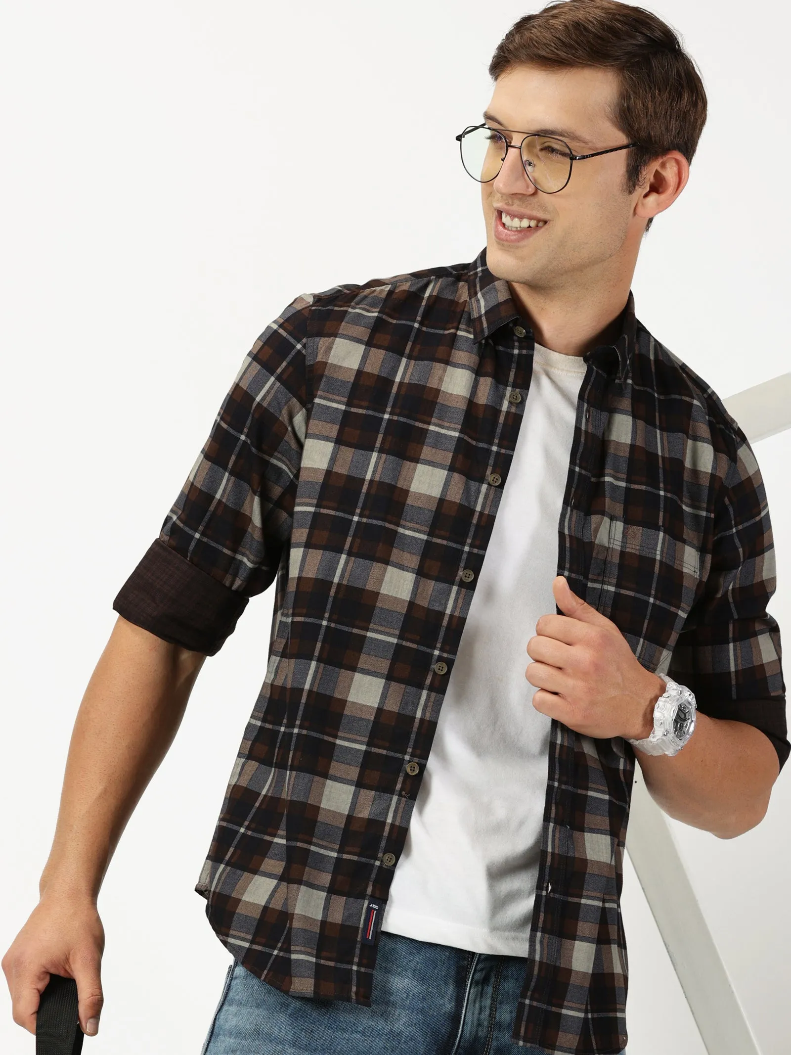 MEN'S DK BROWN CHECKS SLIM FIT SHIRT