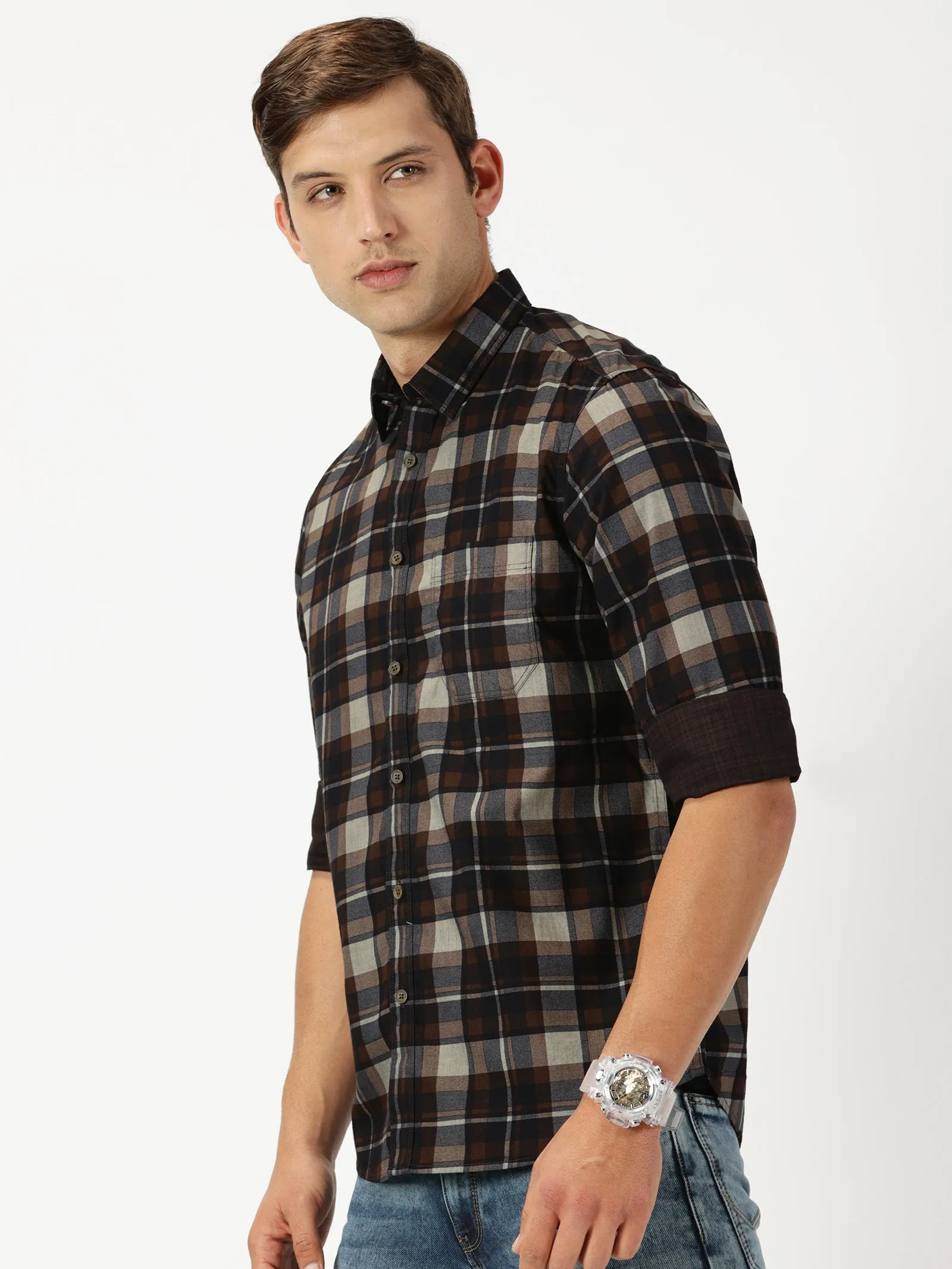 MEN'S DK BROWN CHECKS SLIM FIT SHIRT