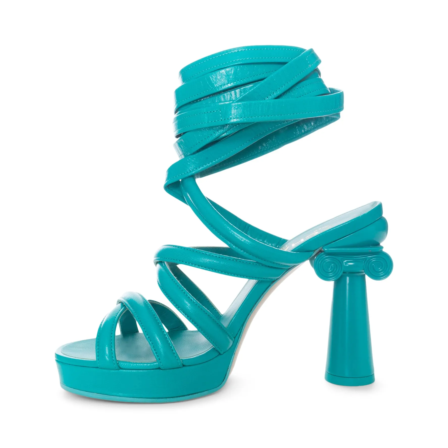 Turquoise Green Grecian Column Platform Wrap-Up Sandals