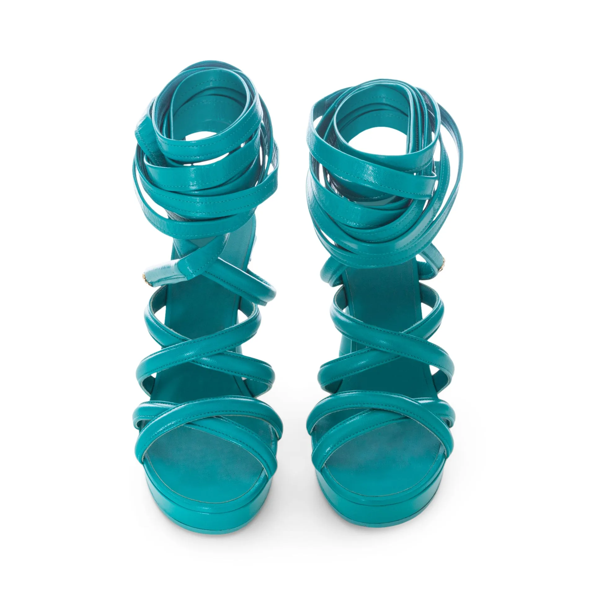 Turquoise Green Grecian Column Platform Wrap-Up Sandals