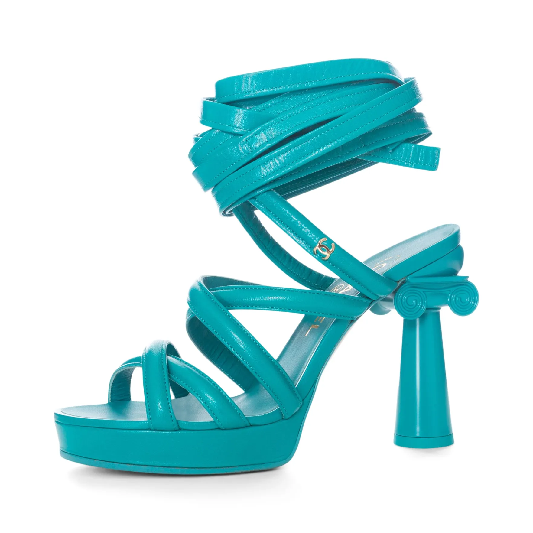 Turquoise Green Grecian Column Platform Wrap-Up Sandals