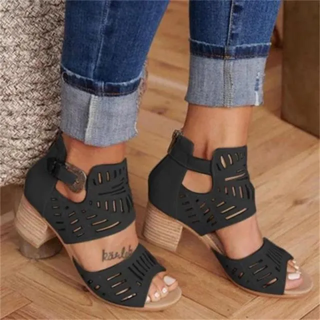 Vintage Hollow Out Sandals Mid Heel Summer Slip-on Buckle Ladies Shoes Artificial Open Toe Casual Wedding Pumps Women Sandalias