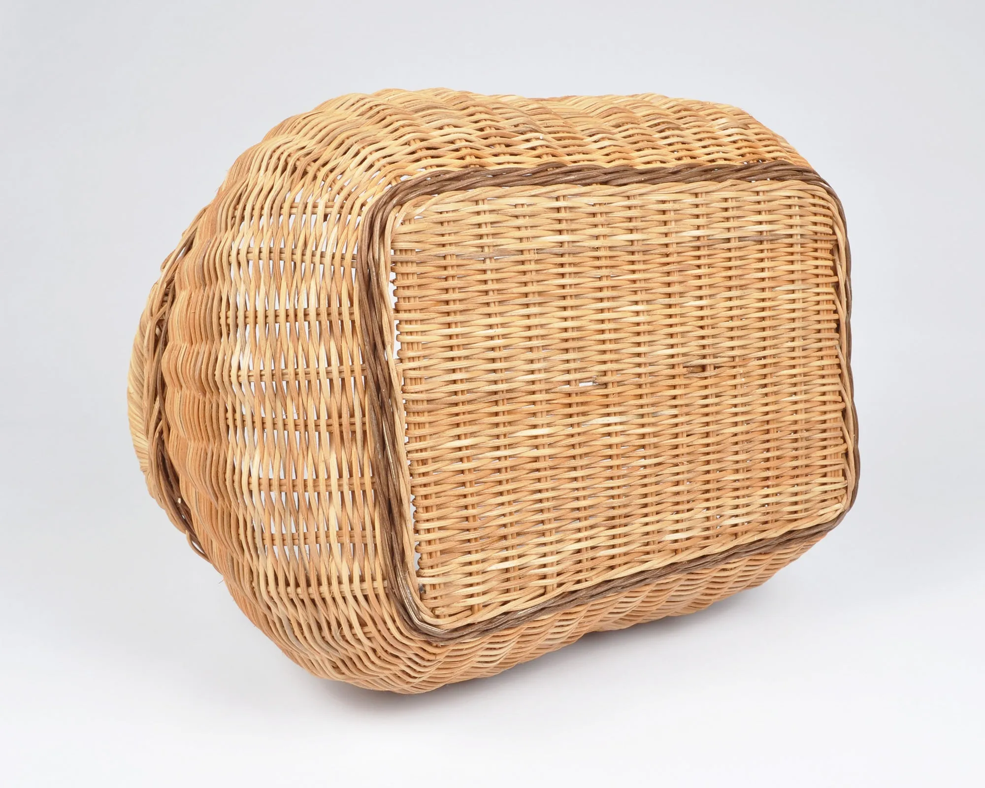 Vintage Wicker Basket with Two Handles-Large Handwoven Storage Basket-Two Tone Braided Detail