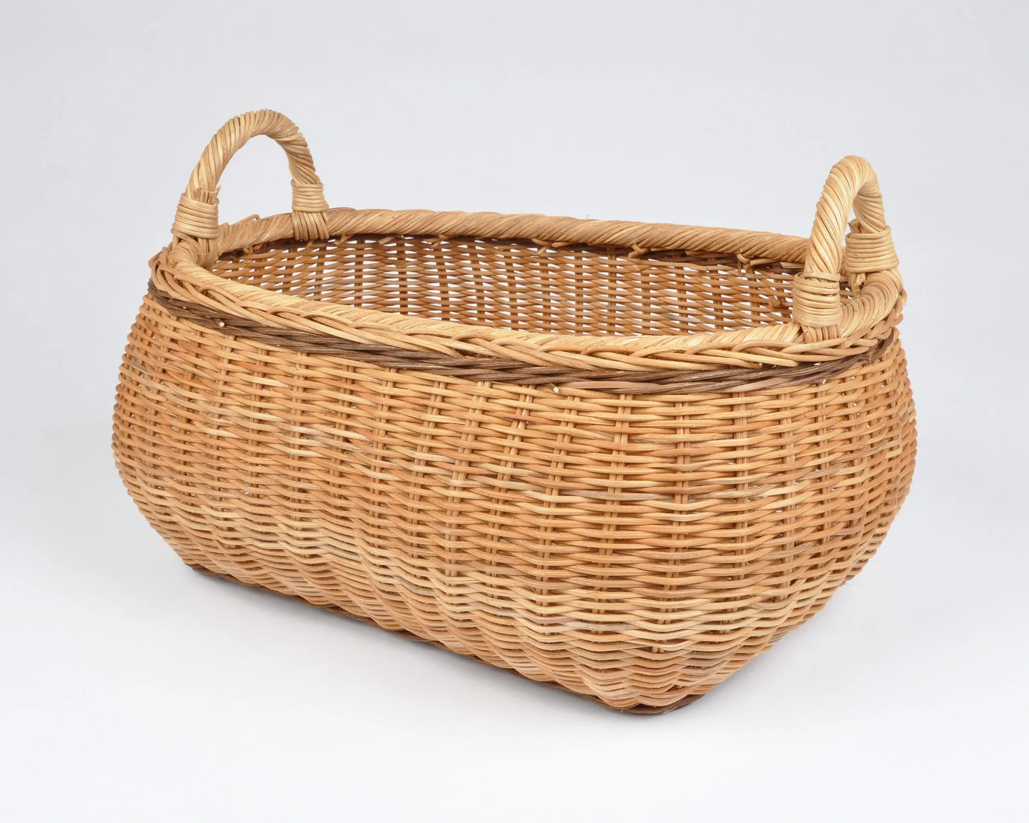 Vintage Wicker Basket with Two Handles-Large Handwoven Storage Basket-Two Tone Braided Detail