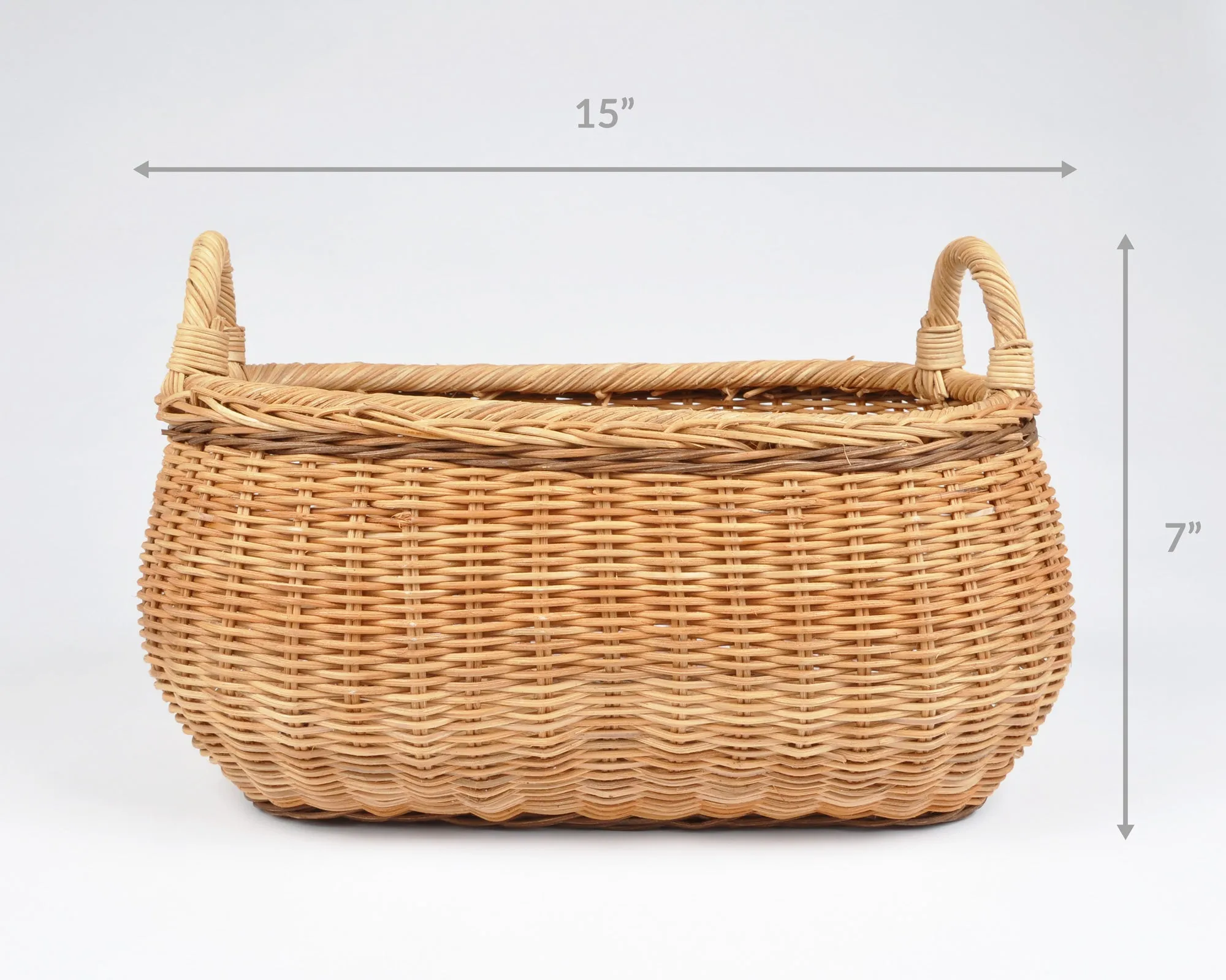 Vintage Wicker Basket with Two Handles-Large Handwoven Storage Basket-Two Tone Braided Detail