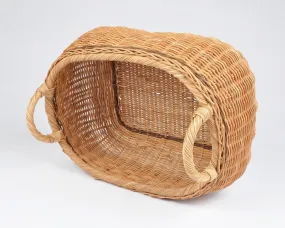 Vintage Wicker Basket with Two Handles-Large Handwoven Storage Basket-Two Tone Braided Detail